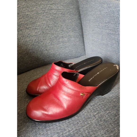 Tommy Hilfiger Women's Red Leather Clog Mule Slides Wedge Heels Size 10 - Picture 2 of 7